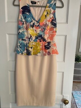bebe Floral Peplum Sheath Dress in Multi-Color & Cream